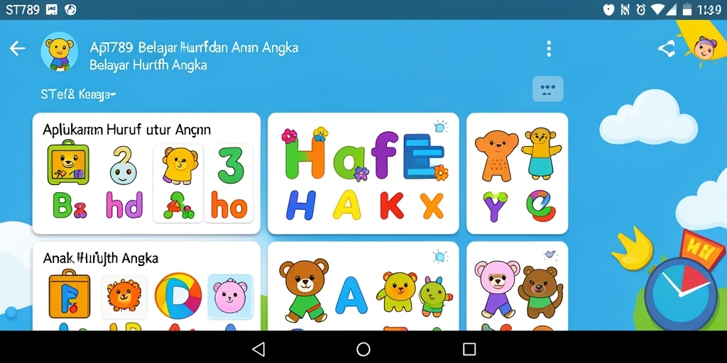 Tampilan antarmuka aplikasi ST789 untuk belajar huruf dan angka.