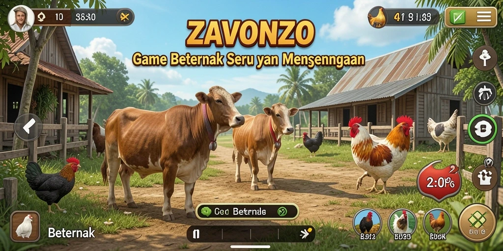 Antarmuka pengguna ZAVONZO yang menampilkan aktivitas beternak yang seru.